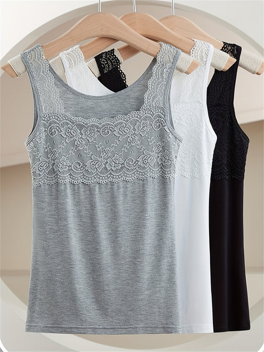 3 Simple Solid Contrast Lace Tank Tops, All-match Women's Vest Tops, Lingerie & Underwear for Women