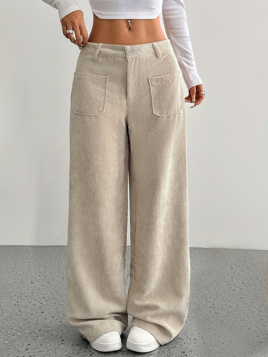 Casual corduroy wide leg pants for women made of polyester, suitable for all seasons.