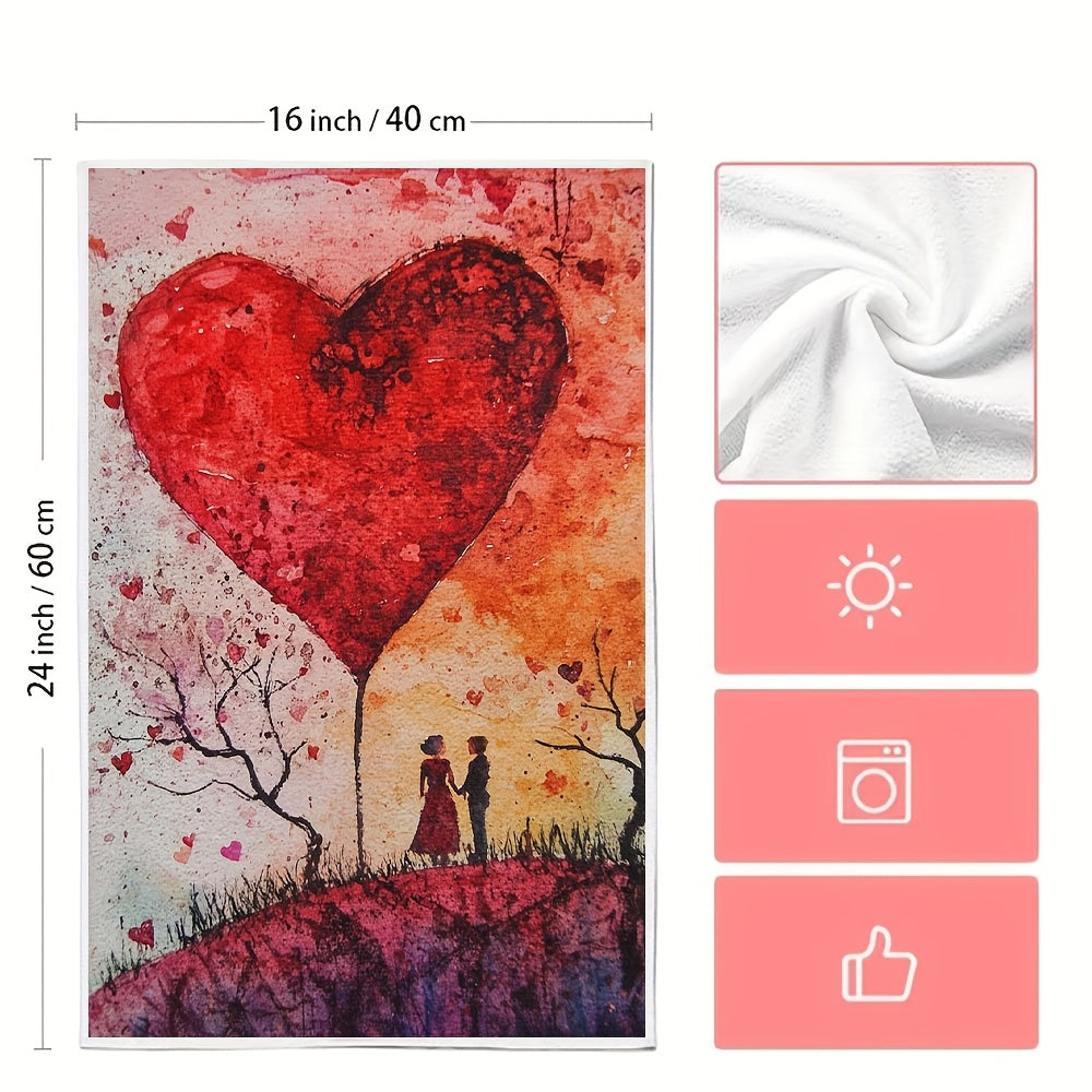 Set of 2 Romantic Sunset Heart Balloon Kitchen Towels - Made from Ultra Soft and Highly Absorbent Polyester, Size 40.64x60.96 cm, Easy to Clean in the Washing Machine, Perfect for Valentine's Day Decor and Daily Use as Dish Hand Towels