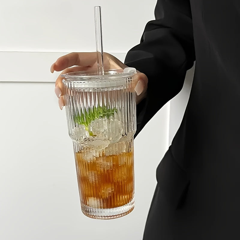 Striped glass tumbler with lid - insulated, hand-wash only - ideal for cold drinks - perfect for home, office, celebrations.