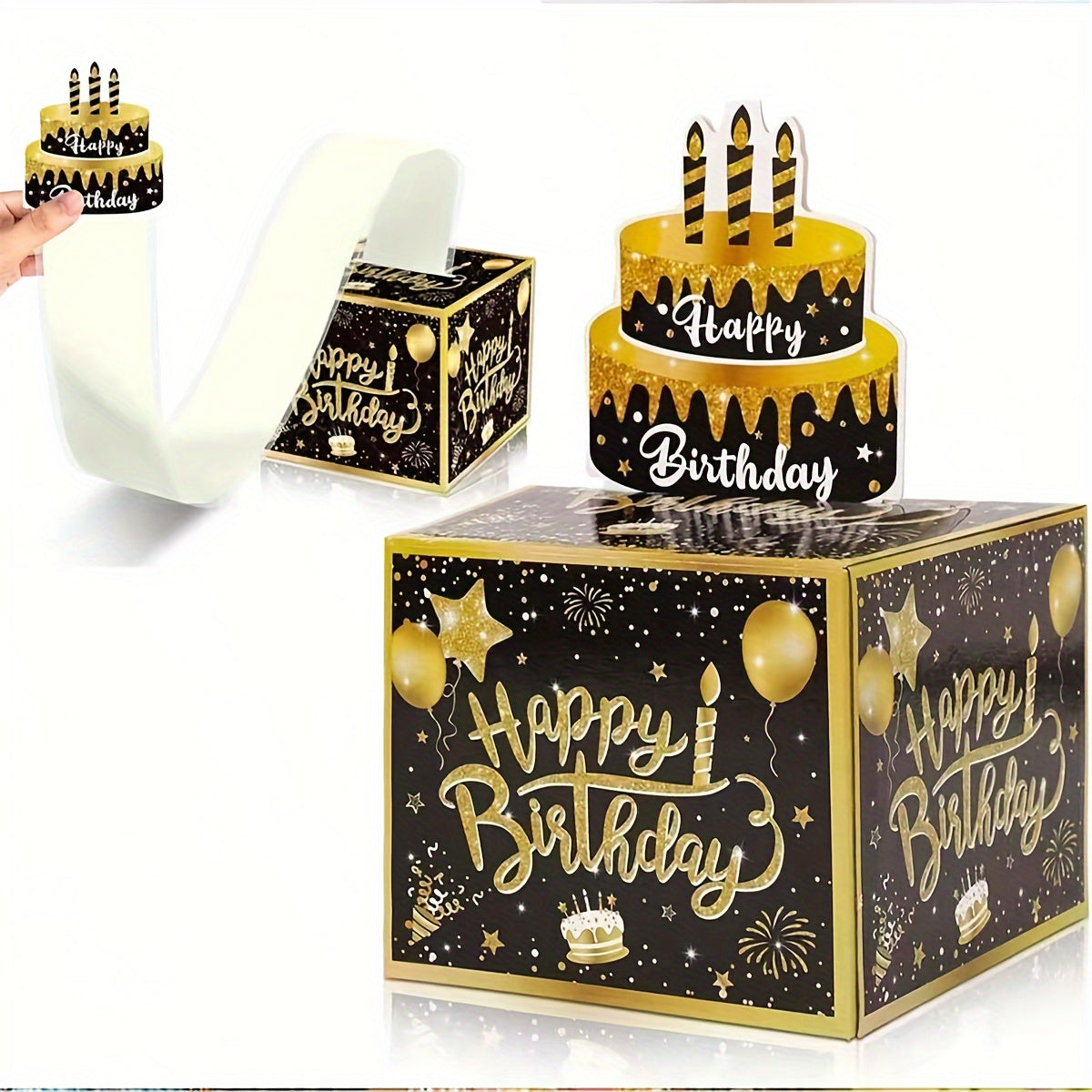 Black & Golden Birthday Money Pull-Out Gift Box with Cake Card - Surprise Cash Drawer for Friends & Family, Ideal for Birthday Parties & Celebrations, Great for Back-to-School.