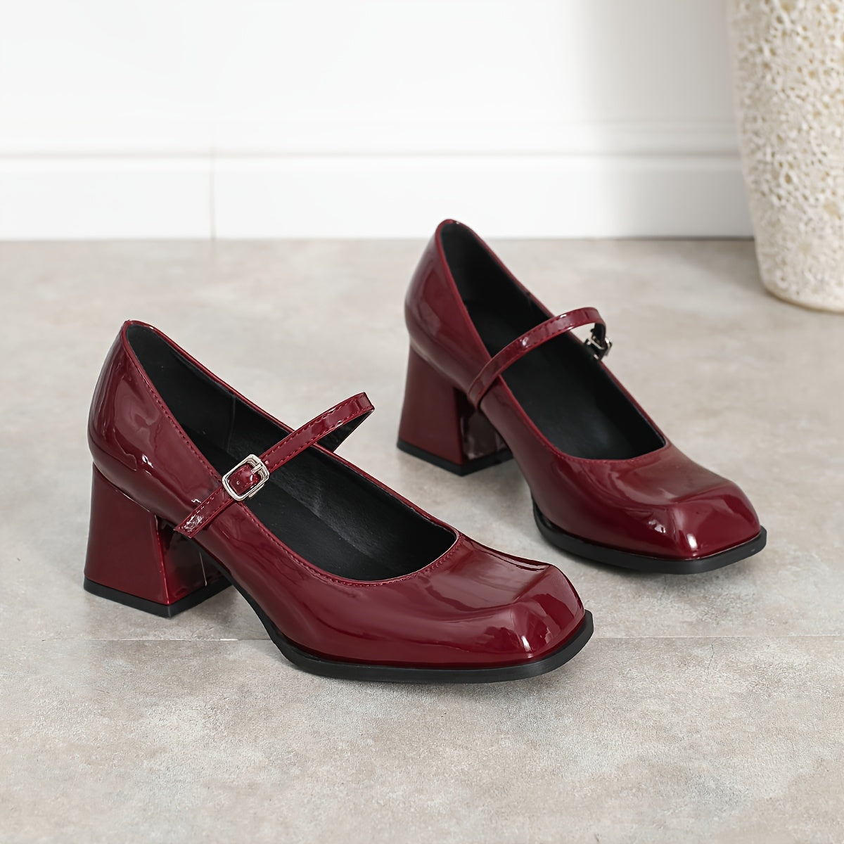 Women's Mary Jane shoes with square toe block heel, elegant and versatile style for all seasons. Made with man-made materials.