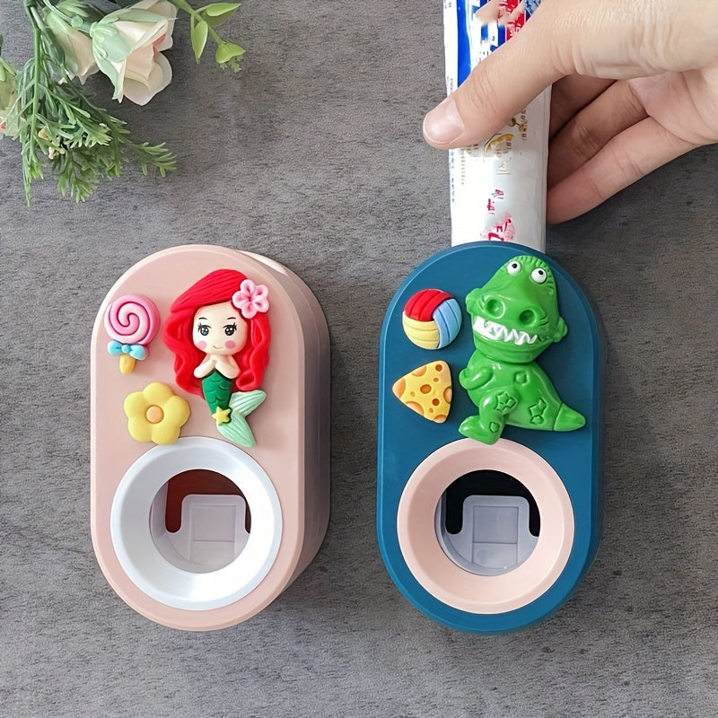 Automatic toothpaste extruder in cartoon dinosaur design, wall-mounted toothpaste holder for bathroom.