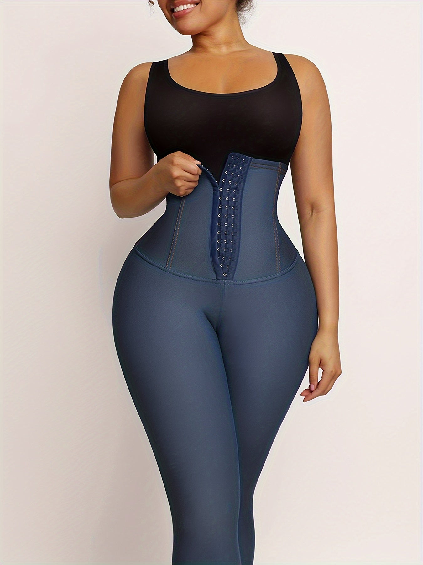 High-waist shapewear pants for women with tummy control and butt lifting features, slimming thigh support, made of stretchy polyester blend, hand washable.