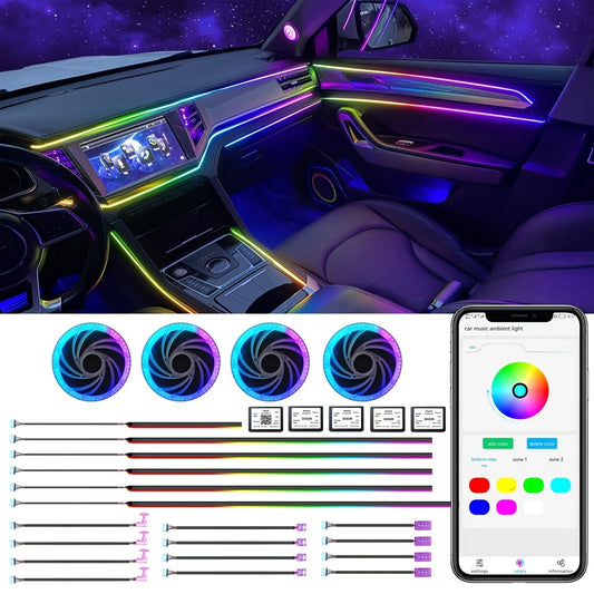 WRWD RGB Symphony LED avtomobil muhit yoritgichlari ilova orqali boshqarish; Universal 12V ichki bezak, bir nechta rejimlar; Qattiq ulanish, suv o'tkazmaydigan emas, batareya talab qilinmaydi.