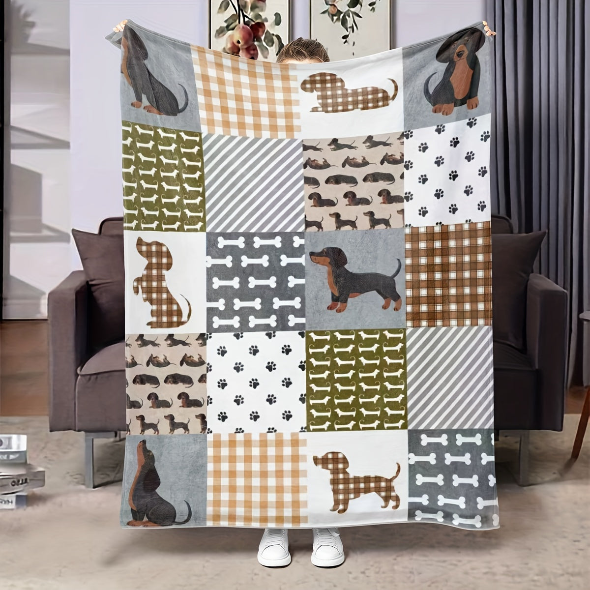 Modern Dachshund Dog Printed Flannel Throw Blanket, Cozy Lightweight All-Season Gift for Pet Lovers, Perfect for Bed, Sofa, Chair, Living Room Decor. Featuring Animal Theme Digital Print on Soft Polyester Material, Crafted with Versatile Knit Fabric.