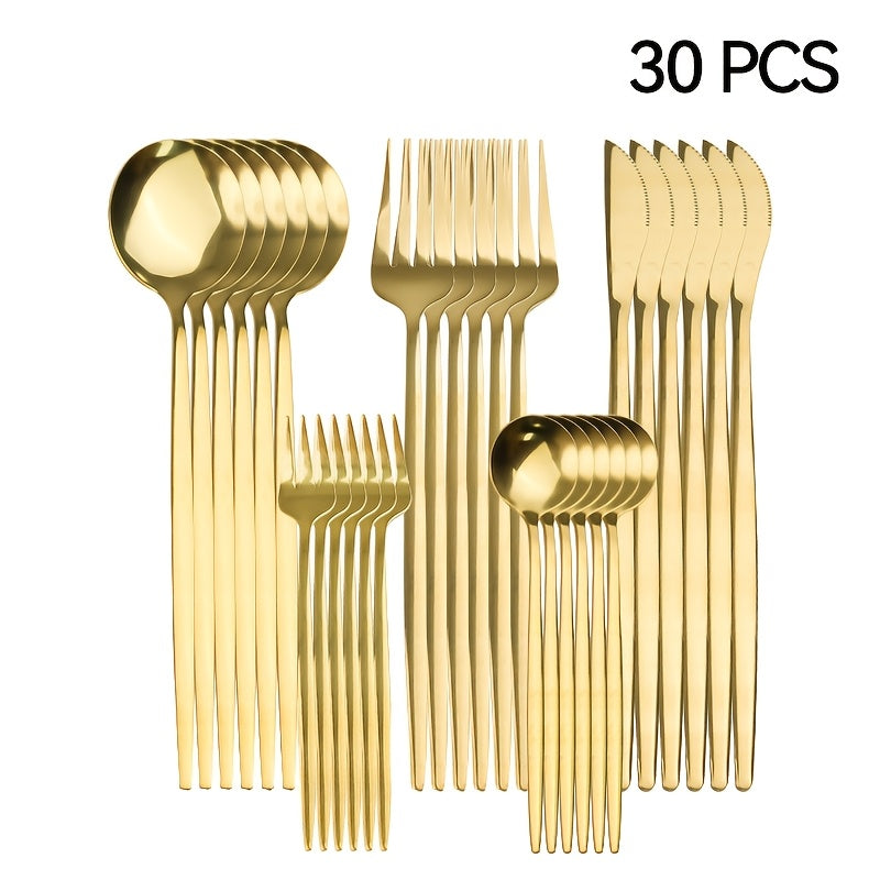 30pc Golden Stainless Steel Flatware Set - Rust-Resistant Cutlery with Knives, Forks, Spoons for Home, Kitchen, Restaurant, Wedding - Elegant Tableware Collection