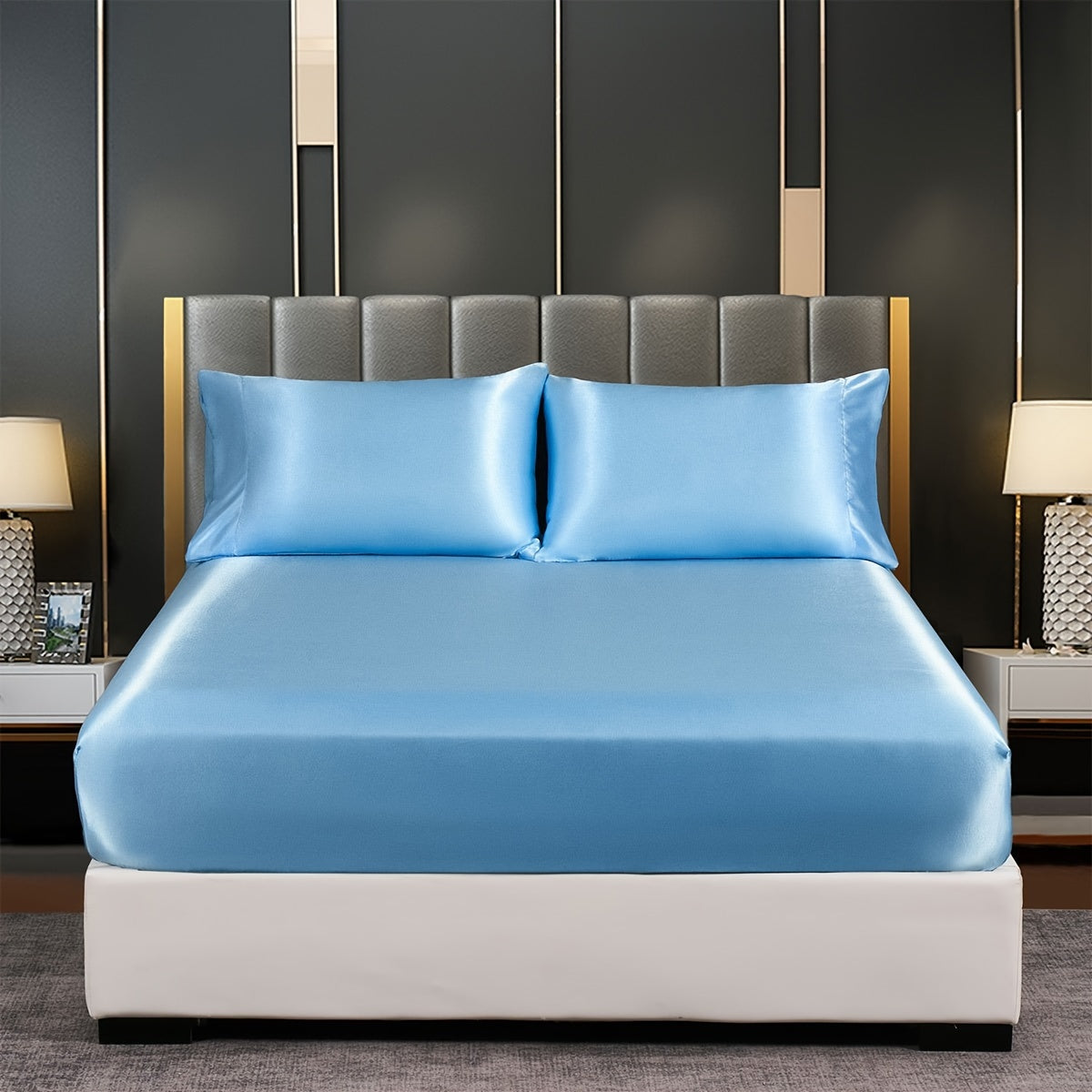 Satin Solid Color Fitted Sheet, Luxuriously Soft Bedding for Bedroom and Guest Room, Pillowcase Not Included