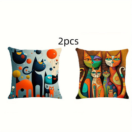 Two pieces of short plush abstract cat pillowcases, each with a unique pattern. Perfect for enhancing the décor of your home, bedroom, sofa, car, or office. Pillow core not included.