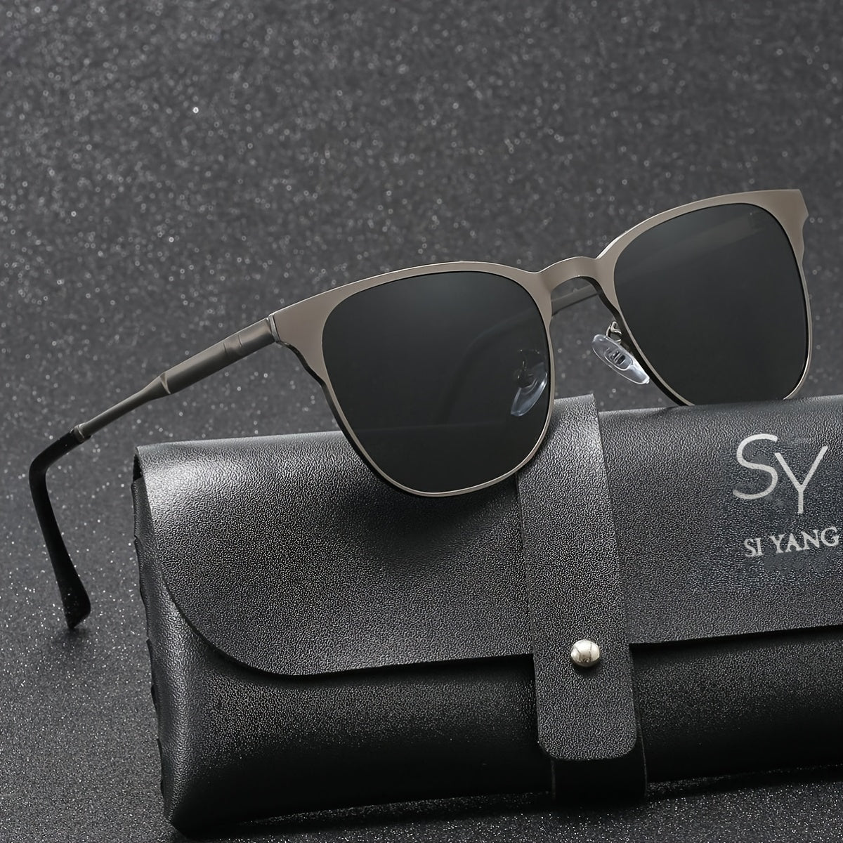 SY SI YANG Men's Ultra-Light Square Stainless Steel Fashion Glasses with Vintage Style, Polarized Lenses, Ideal for Business & Casual Wear, Includes Case & Cloth.