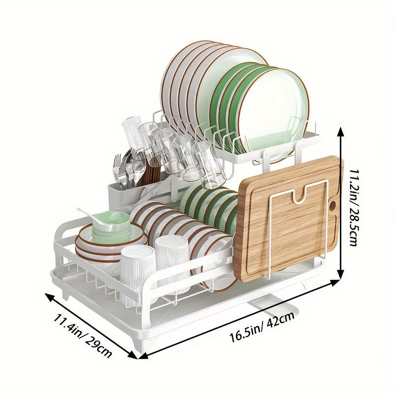 Katta Metall 2-qavatli Idish Quruq Rack To'plami Drainboard bilan - Drainaj, Shisha Usuli, Asboblar Usuli va Quruq Matni o'z ichiga oladi - Idishlarni samarali quritish va tashkil etish uchun oshxona aksessuarlari