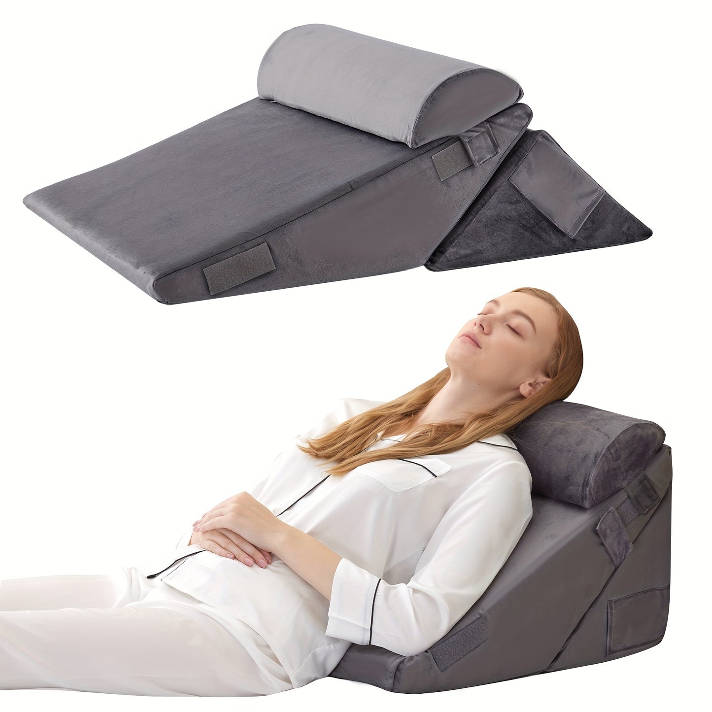 Set of 3 bed wedge pillows for back support after surgery and to prevent acid reflux.