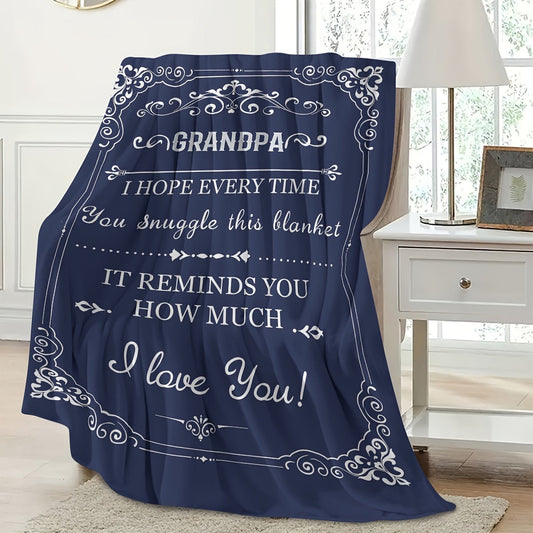 Single piece, cozy fleece blanket with a charming grandpa theme. Made of 200-250g polyester, suitable for all seasons with a digital print design. Easy to clean in the washing machine. Engraved details make it a versatile and charming addition to any