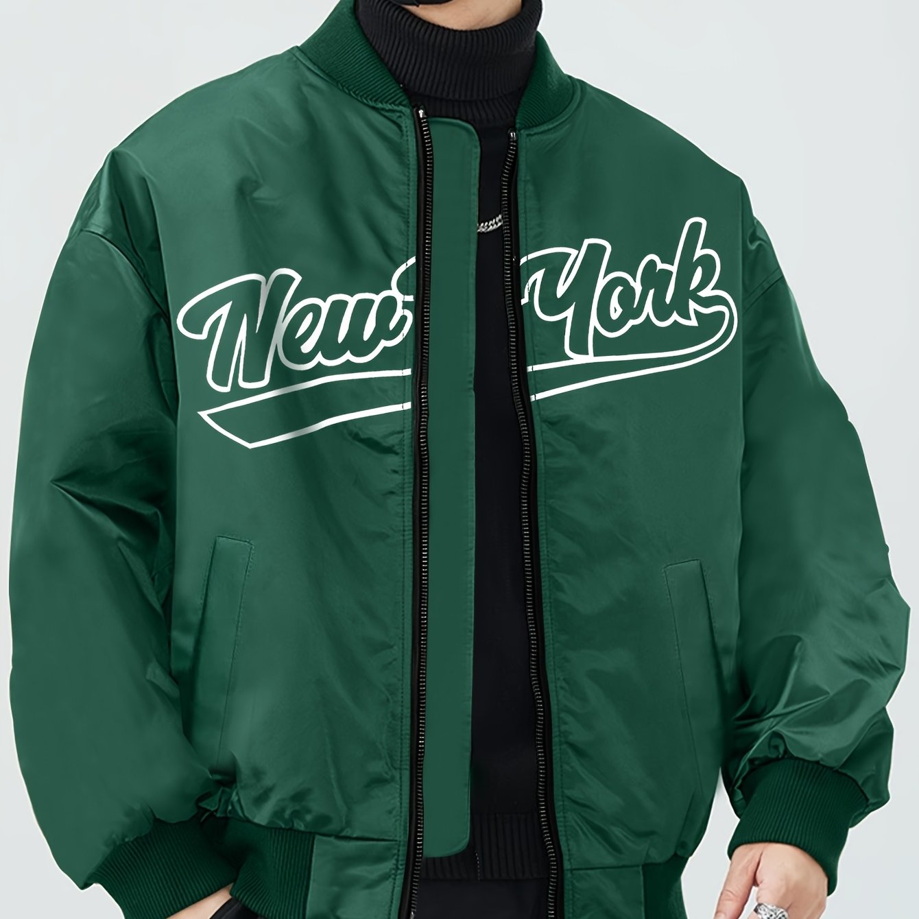 One Men's Casual Bomber Jacket made of 100% lightweight polyester with letter print, baseball collar, long sleeves, regular fit, pockets, and zippered front - suitable for daily and leisure