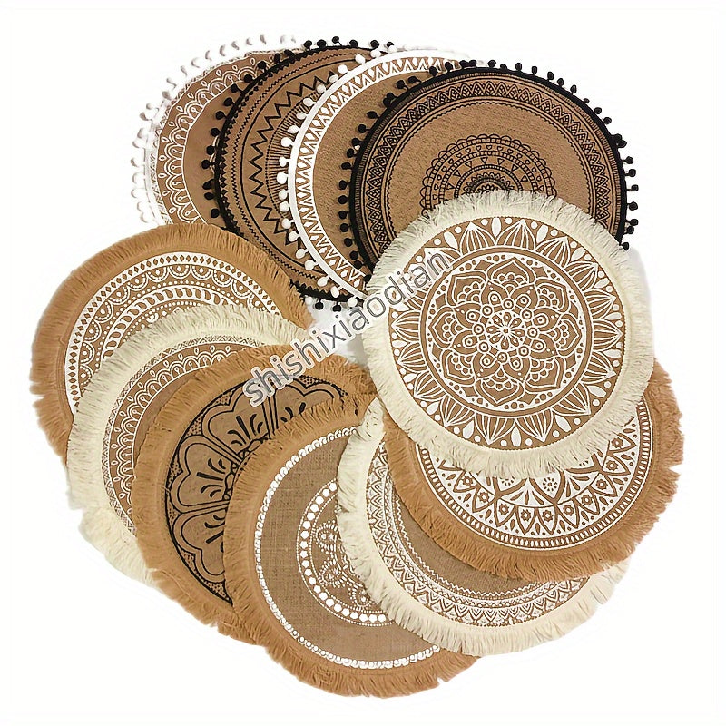 Natural Jute Woven Placemats in Bohemian Style for Home Gatherings, Parties, and Decor.