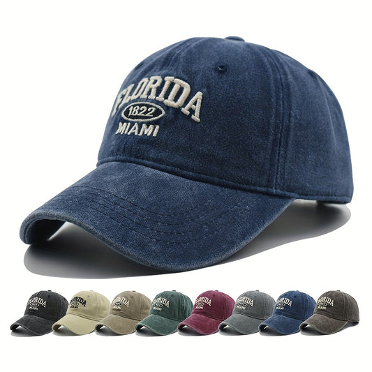 Vintage washed baseball cap with "Florida 1822 Miami" embroidery design, adjustable cotton hats for men and women in multiple colors.