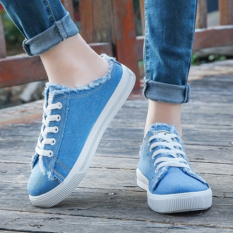 Fashionable solid color platform canvas shoes with a round toe, lace-up design, and breathable slip-on feature, ideal for casual summer wear.