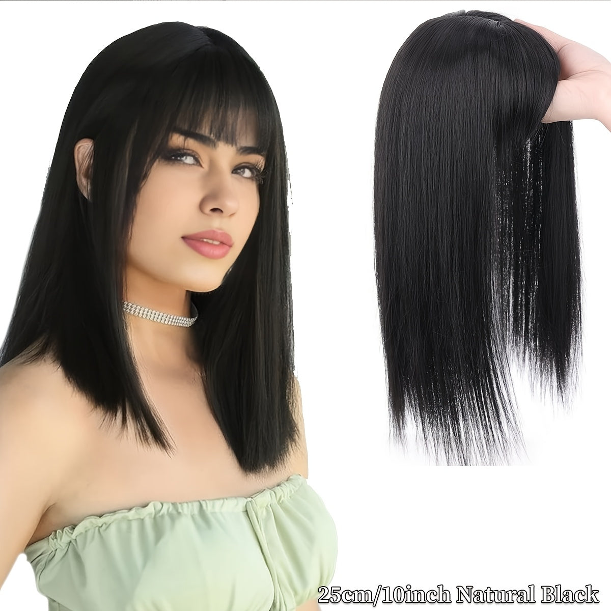 Straight synthetic hair pieces for women that seamlessly clip in to provide a natural-looking bang, with an invisible white cover and hair clips.