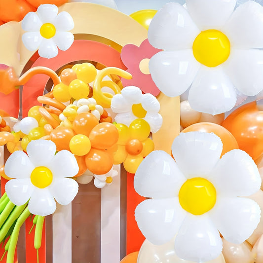 White daisy balloons for parties, weddings, and anniversaries. Ideal for ages 14+, non-electric, outdoor use.