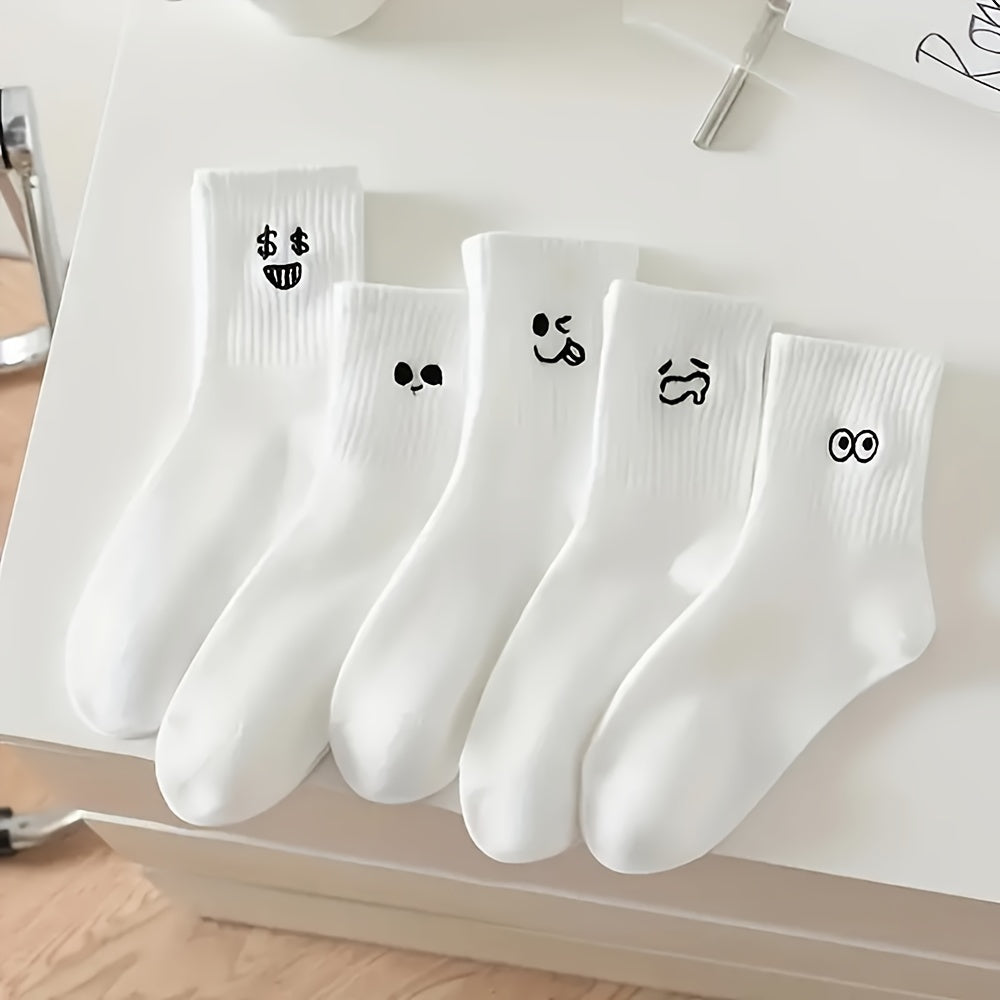 Five pairs of cute cartoon-themed socks, mid-calf length, perfect for women's hosiery.