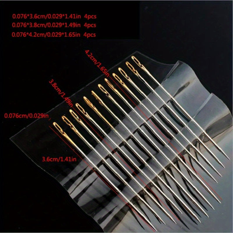 12 stainless steel sewing needles with side holes for easy threading. Ideal for elderly users and DIY projects. Suitable for sewing and crafting.