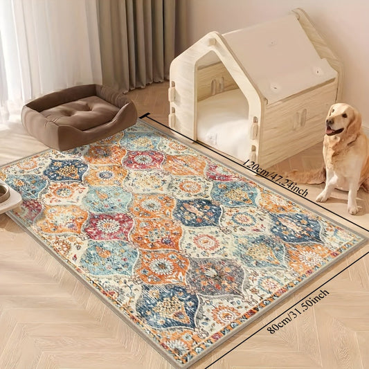 Bohemian printed Mat made of 930g polyester per square meter with anti-slip dot plastic bottom. This machine washable floor mat is easy to clean, anti-slip, and fashionable. Suitable for living room, bedroom, kitchen, laundry room, and home office.