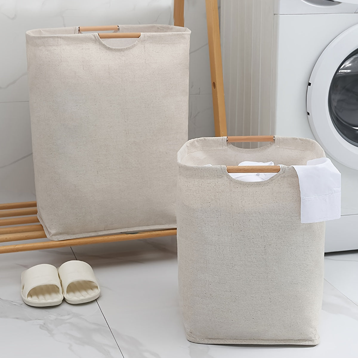 Large Foldable Laundry Basket, available in 1 or 2 pieces. This Freestanding, Waterproof Clothes Storage Basket comes with Easy to Carry Handles, making it perfect for the Laundry Room, Bedroom, Bathroom, or College Dorm. Ideal for organizing and storing