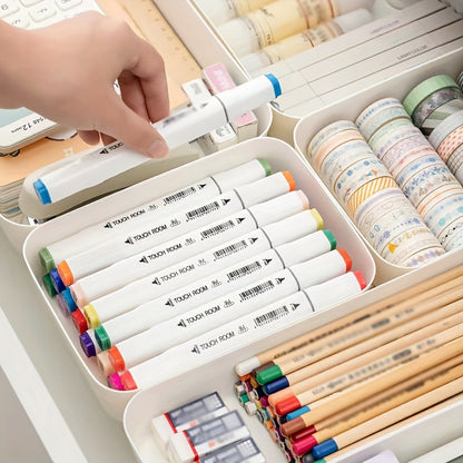 Single simple desk drawer organizer with classification separator, stackable stationery box for home office supplies.