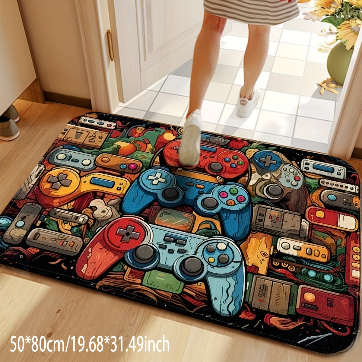 Kitchen and Bathroom Rug with Novelty Retro Gaming Controller Design, Ideal for Game Room, Non-Slip Door Mat for Bedroom Entry, Made of Machine-Durable Polyester with Medium Pile, Hand Washable - Available in Multiple Sizes