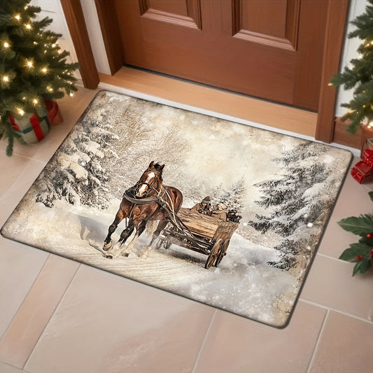 Get into the holiday spirit with this classic Vintage Winter Scene doormat featuring a horse-drawn sleigh. Made of non-slip washable polyester, this 1.2cm thick rug is perfect for Christmas, Halloween, Easter, and Thanksgiving decor. This medium pile