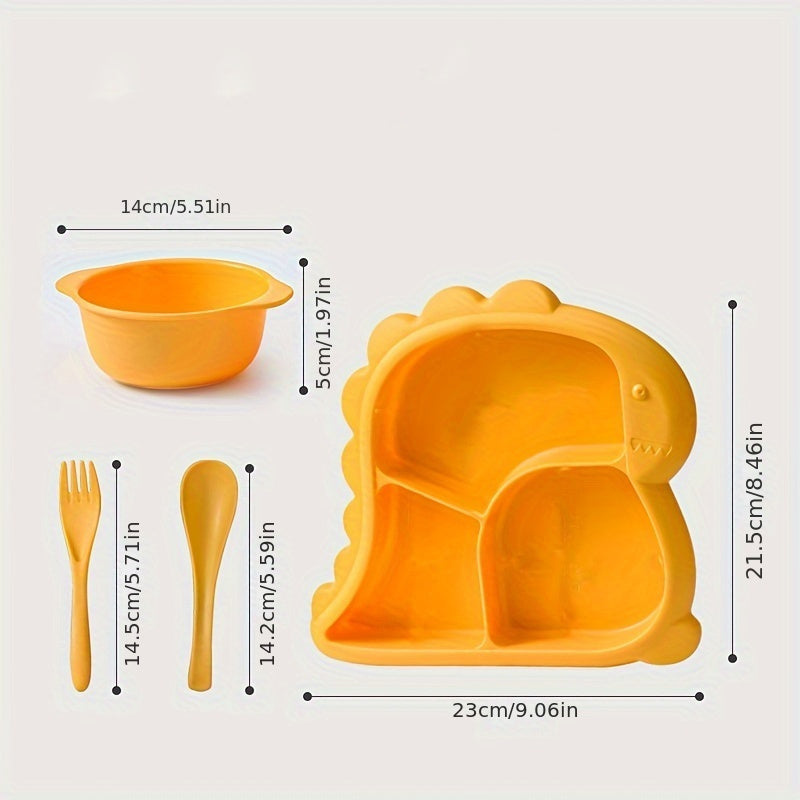 Children's dinnerware set shaped like dinosaurs - made of BPA-free plastic includes plate, bowl, fork, and spoon.