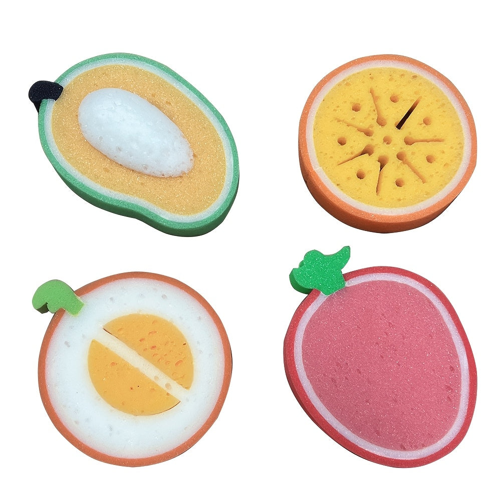 Thickened sponge scouring pad set with 4 fruit-inspired designs for multi-functional decontamination cleaning and dishwashing tasks.