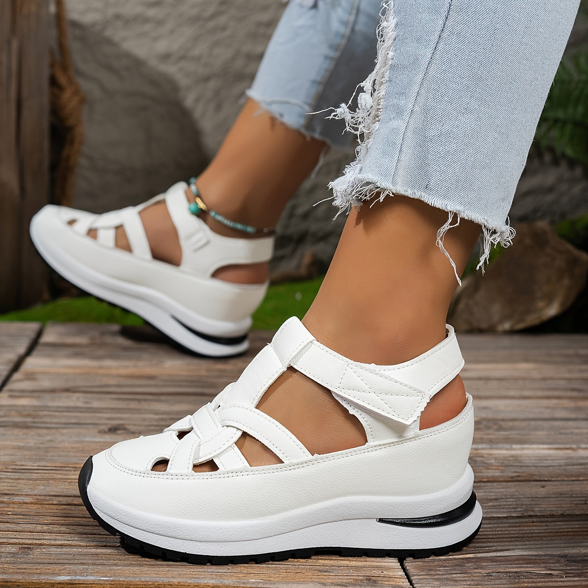 Chic white platform sandals for summer with comfortable thick sole wedge heels and easy hook-and-loop strap. Features faux cover and rubber sole for better grip.