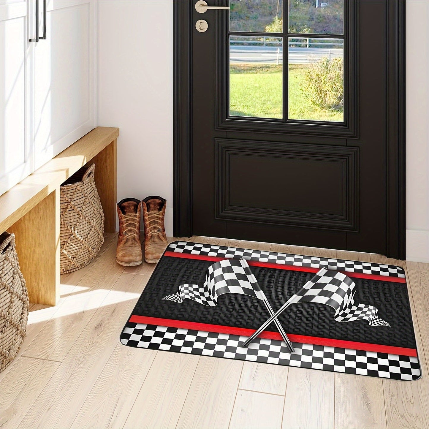 One high-quality Flannel Racing-Themed Mat, 1.1cm thick and non-slip, featuring a Black & White Checkered Flag design with Red Stripes. Machine washable and suitable for Teens, Boys, Girls, Men & Women. Versatile for use in the Living Room, Bedroom