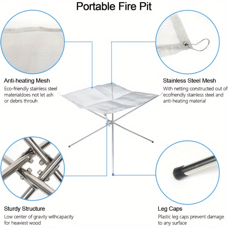 Stainless steel BBQ grill, portable and durable, perfect for outdoor cooking. Features non-stick surface, foldable design, adjustable height, and wind guard. Ideal for camping and picnics.