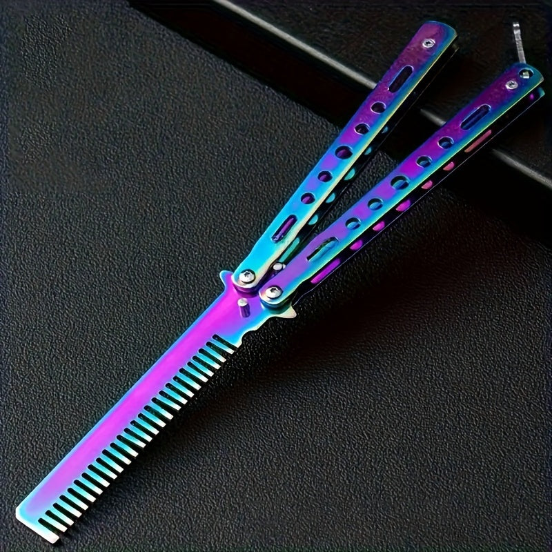 Fine toothed stainless steel Butterfly Blade Comb with metal handle for regular hairstyle and finger dexterity practice. Foldable, portable, and durable, suitable for outdoor camping.