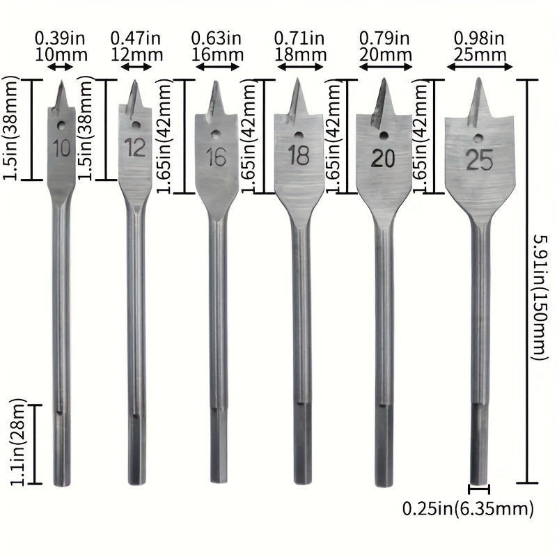 6pcs Titanium-Plated Flat Drill Bit Set for Woodworking