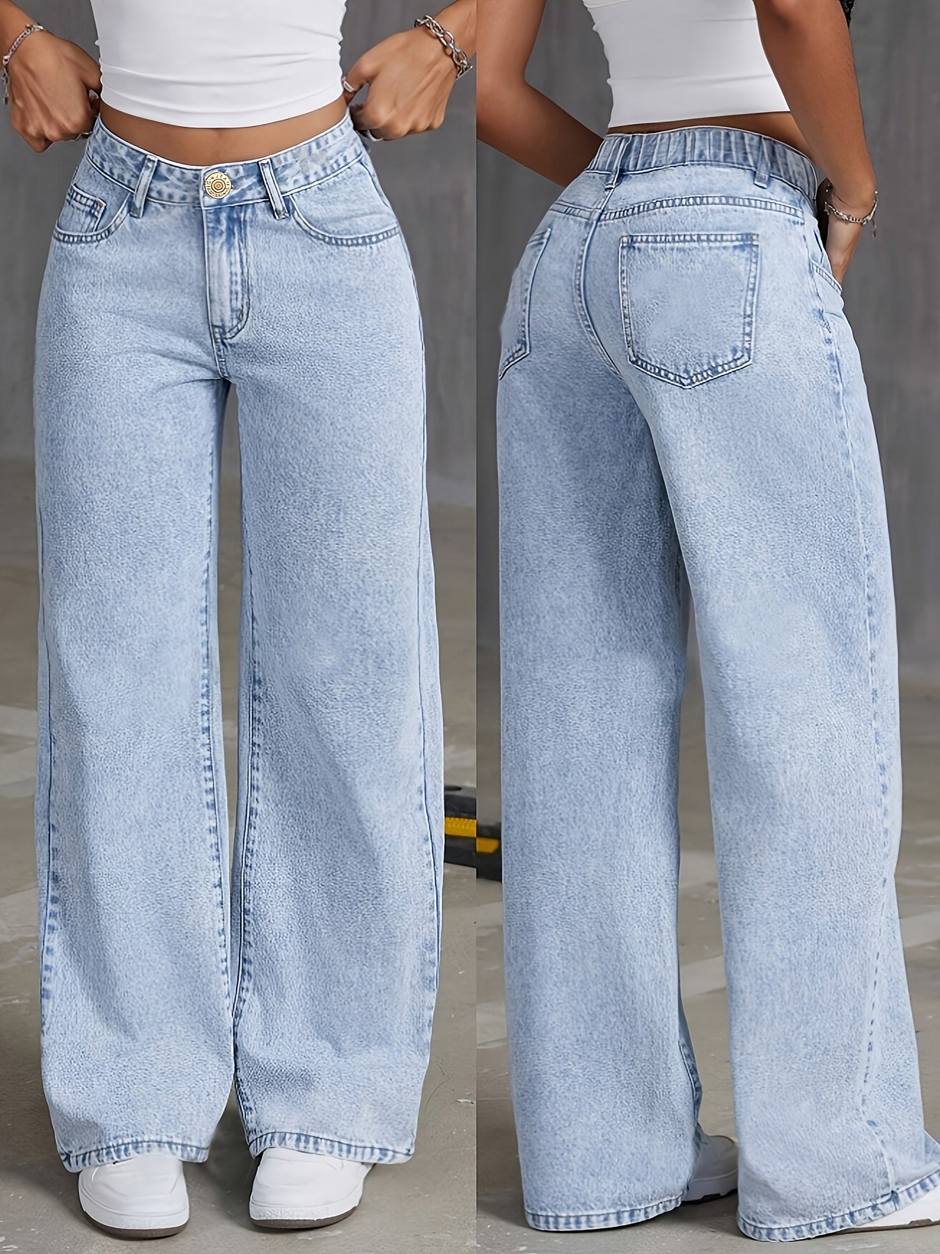 Preppy style high-waisted wide leg denim jeans for women, with button detail and solid color, perfect for all-season weekend wear.