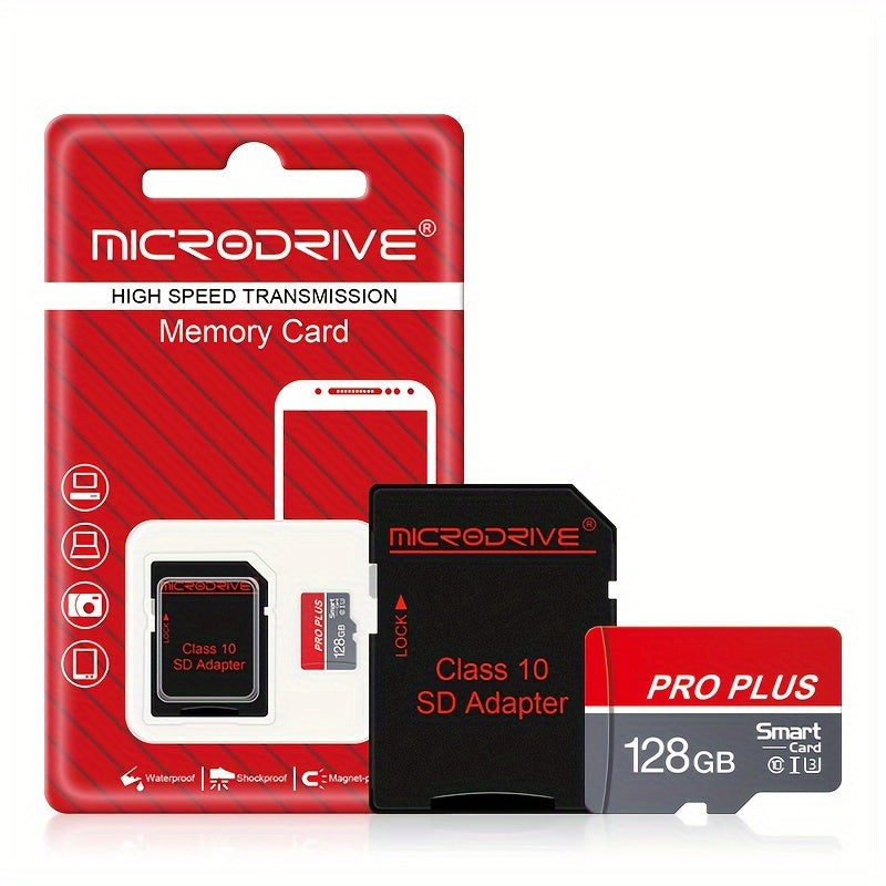 High-speed Class 10 U3 Microdrive Pro Plus Memory Card in red and gray, available in sizes 4GB to 256GB, offers reliable performance for smartphones, tablets, and more.