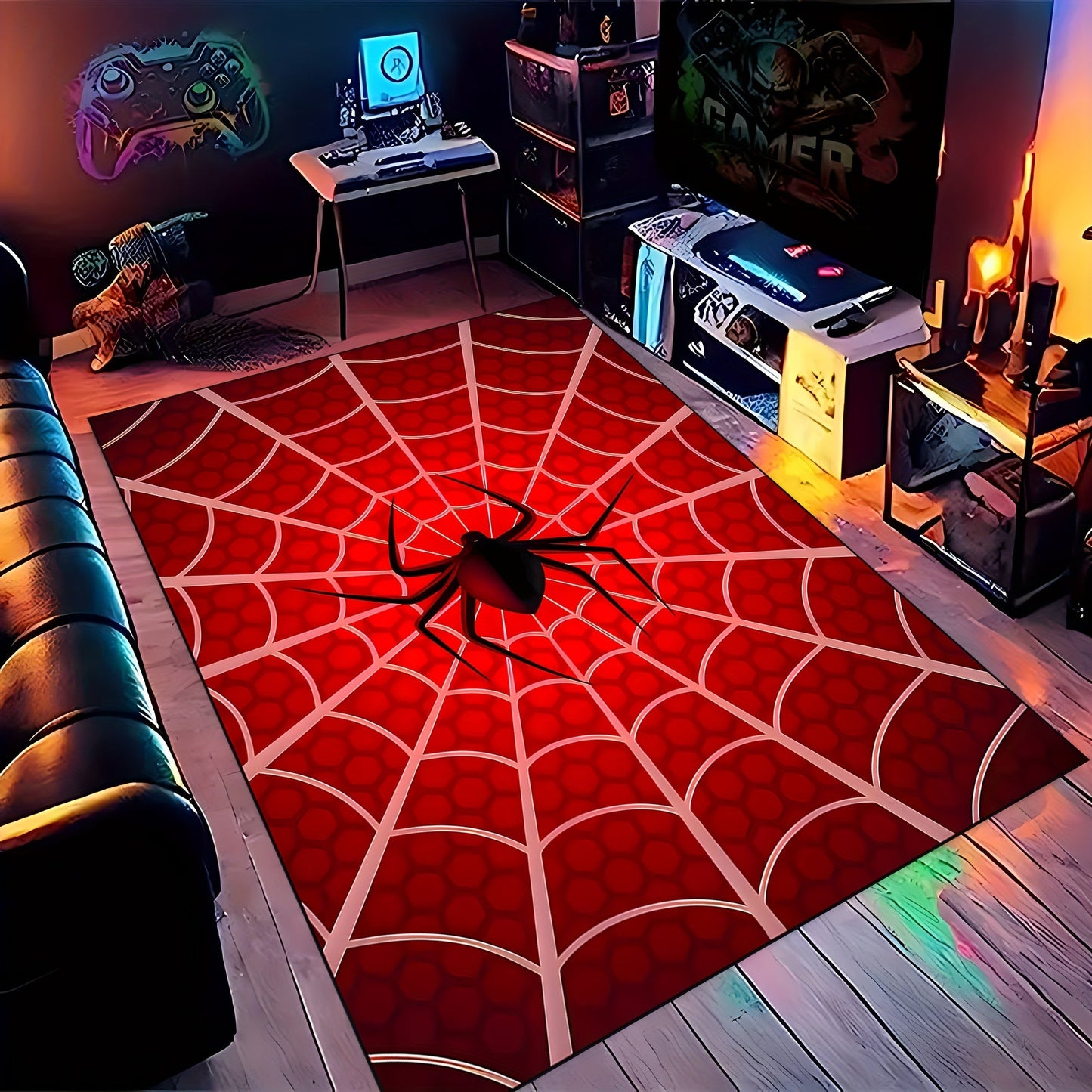 Enhance your space with the 3D Visual Spider Web Pattern Area Rug. This stylish and durable polyester fiber carpet is anti-slip and washable, making it perfect for use in the living room, bedroom, or gaming room. It is an ideal decoration for a boy's