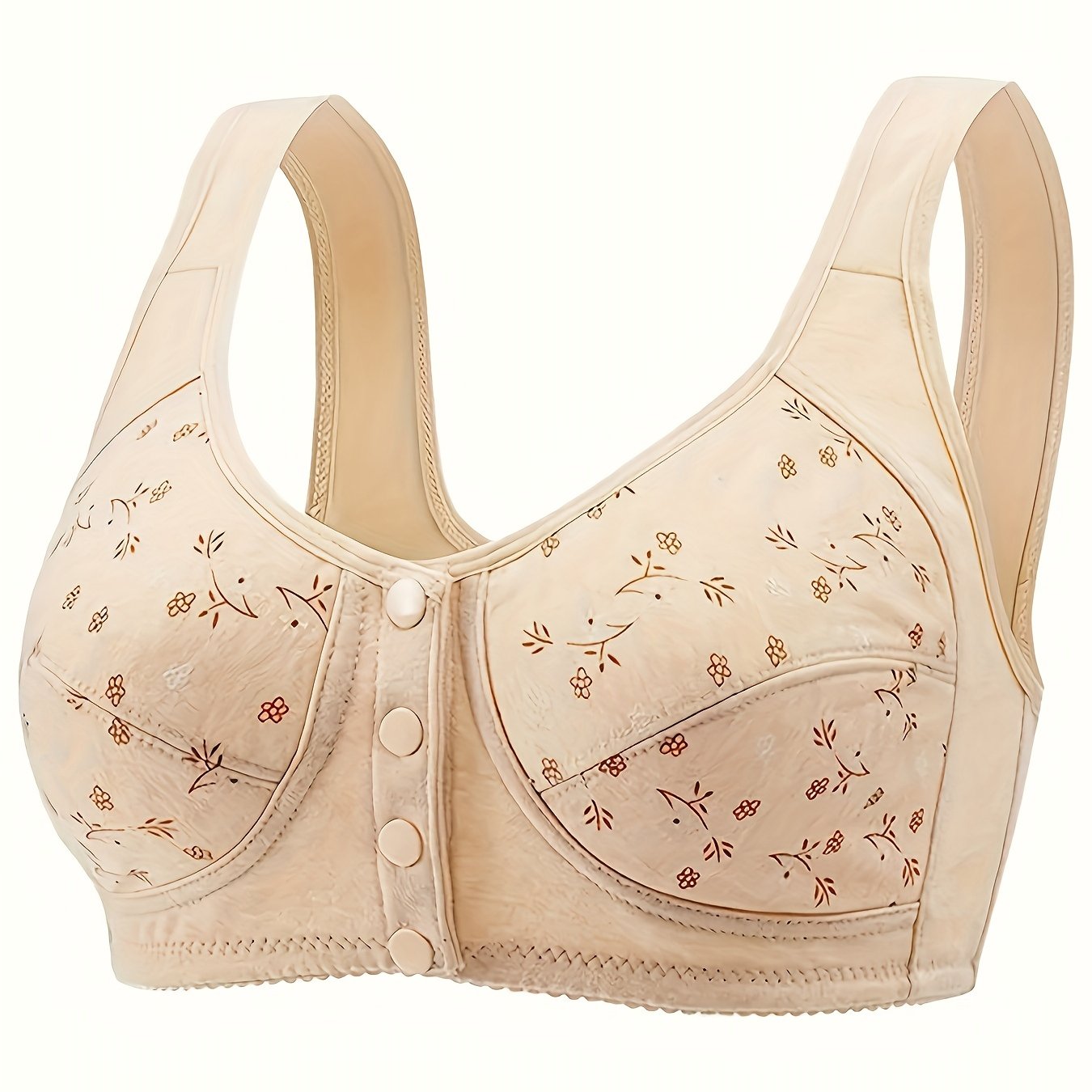 Floral Printed Button-Front Wireless Bra, Comfortable and Breathable Women's Lingerie