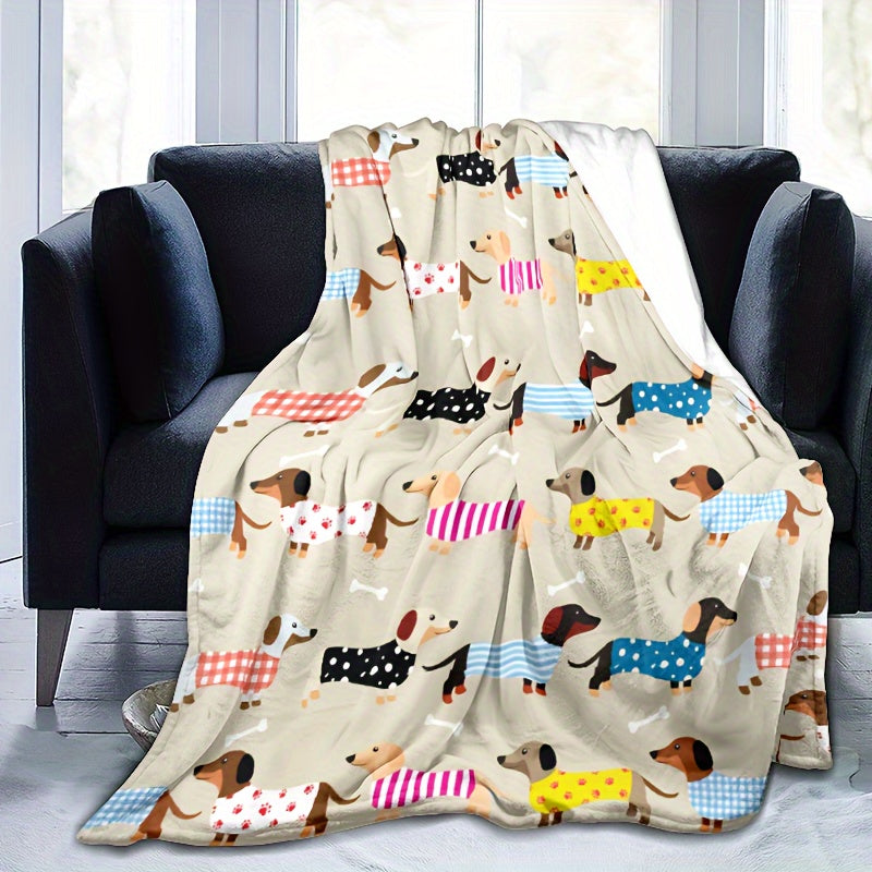 Stay cozy and comfortable with this stylish Dachshund Pattern Throw Blanket. Perfect for all seasons, this contemporary knitted polyester throw is stain-resistant and multipurpose. Featuring a digital print, it makes an ideal gift for dog lovers. Enjoy a