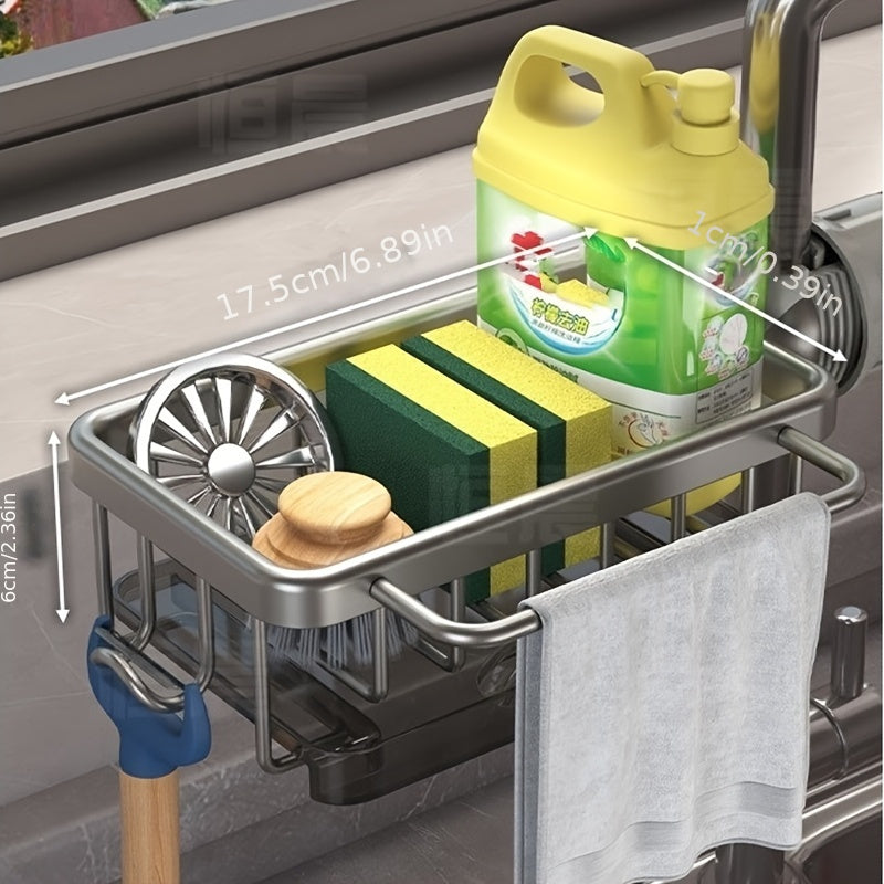 Introducing a versatile kitchen sink storage solution: a multifunctional hanging basket made of durable space aluminum. Complete with a convenient cloth holder and a draining tray, perfect for various household tasks.