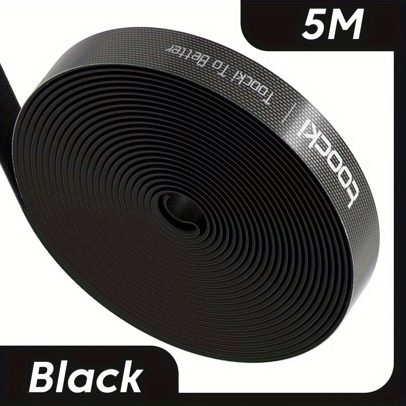 Black and gray nylon cable winder tape for iPhone, Xiaomi, and Poco for desk organization and management. Durable and adhesive under desk organizer.