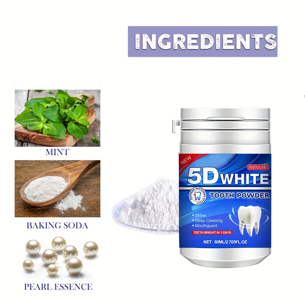 Bubchen 5D White Tooth Powder, 80ML Bottle - Deep clean with natural pearl essence for a brighter smile. Mint flavored, 6 week supply.