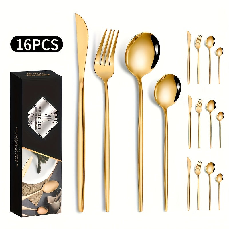 16-piece gold stainless steel cutlery set, ideal for weddings and special occasions, includes 6 steak knives, forks, and spoons. Durable tableware for home.