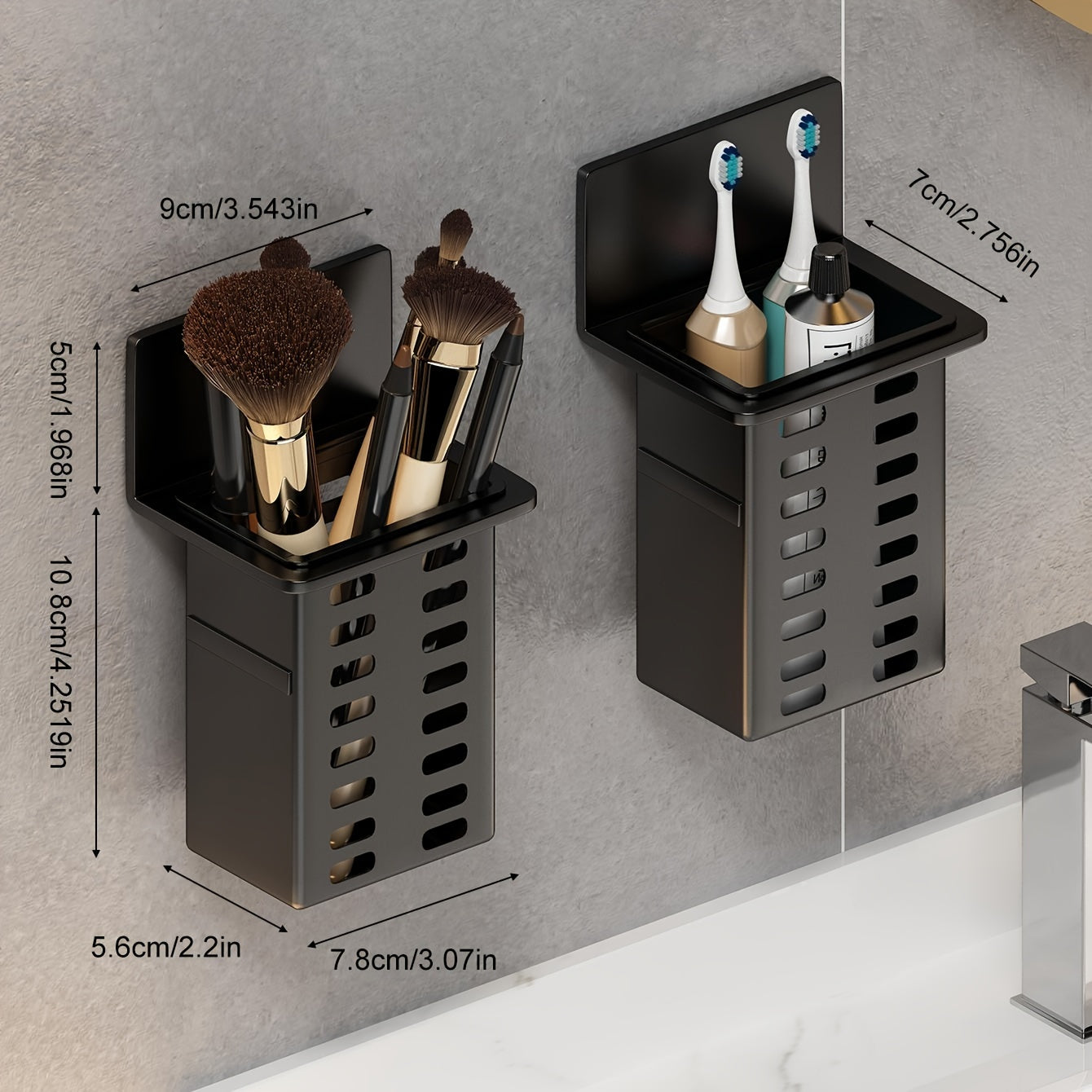 Wall-mounted bathroom organizer made of black, mold-resistant plastic for cosmetics and shower essentials with no-drill installation.