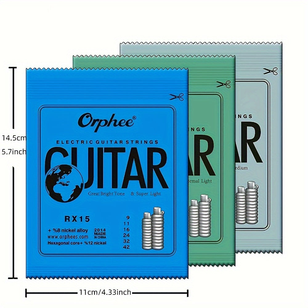 5 sets of 6 thick and thin electric guitar strings (0.23-1.27mm), RX Practice Series, made of hexagonal carbon steel for 6-string guitars.