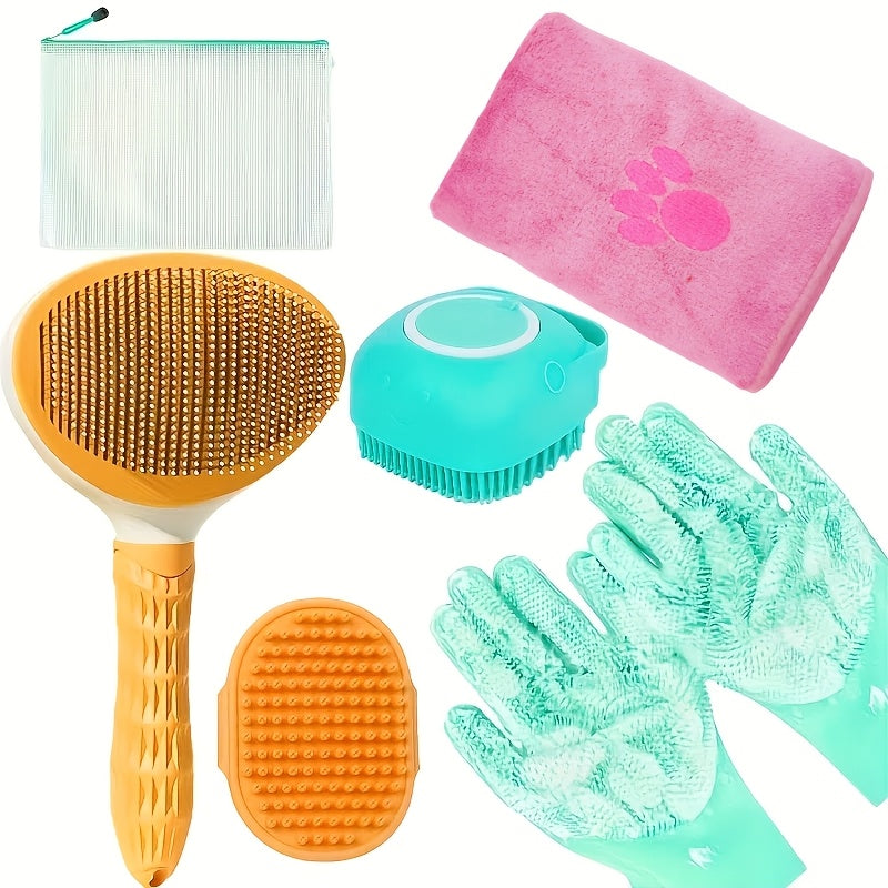 6-piece dog grooming kit includes silicone bath brush, microfiber towel, washing gloves, shedding tool for shiny coat without power needed. Essential care for pets.