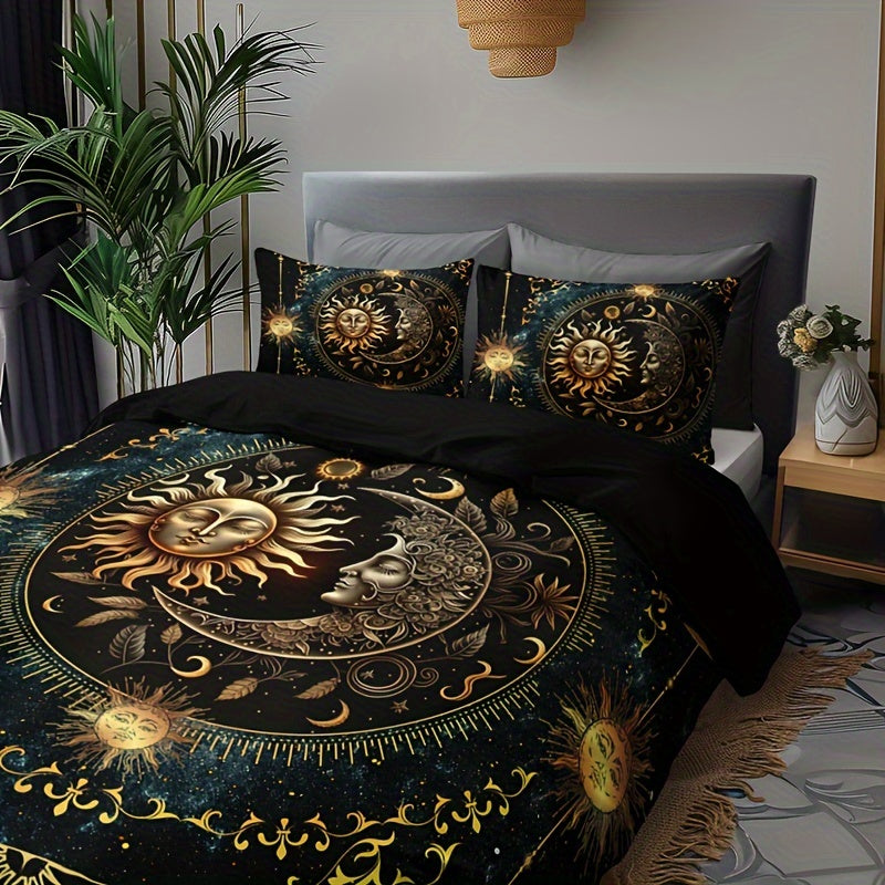 Golden Astrological Design 3 Piece Sun and Moon Celestial Digital Print Duvet Cover Set made of 100% Polyester. Machine Washable, Breathable Fabric for All-Season Comfort. Set includes 1 Duvet Cover and 2 Pillowcases (No Insert). Perfect Christmas